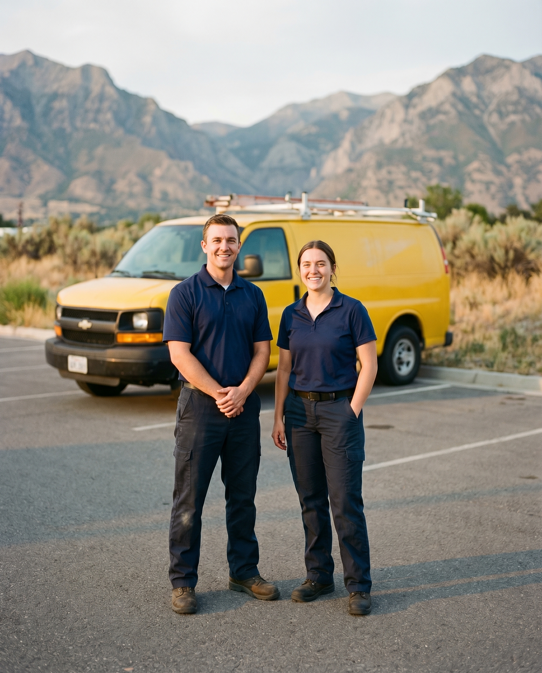 Two Valley Plumbing technicians in front of a service truck