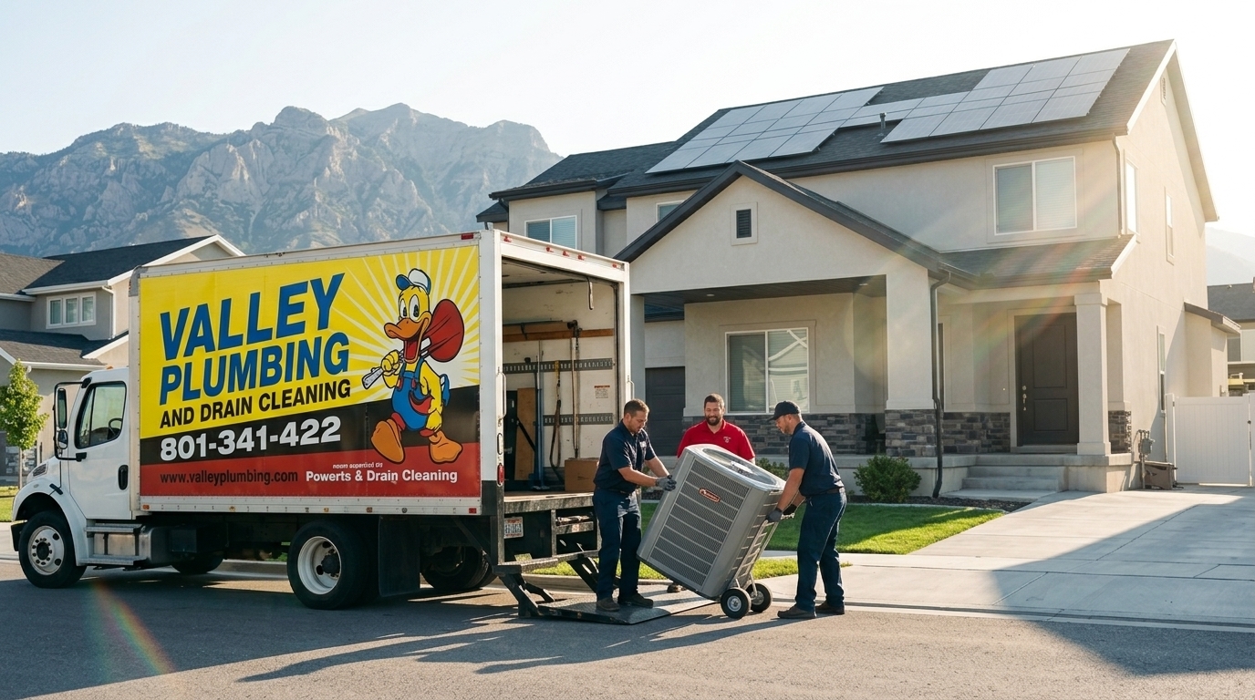 Valley Plumbing HVAC technicians setting a new central AC condenser outside a Utah home in spring