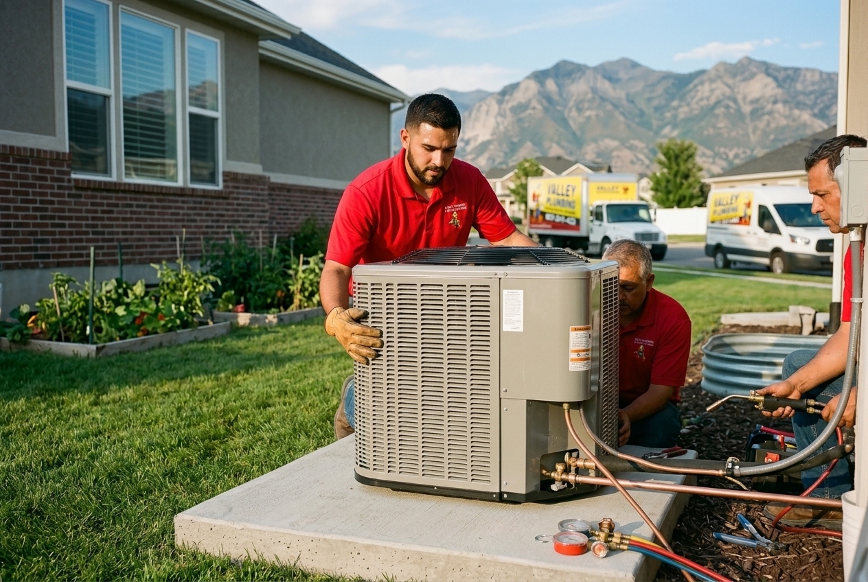 Valley Plumbing HVAC technician brazing a copper line set for a new AC installation in Utah