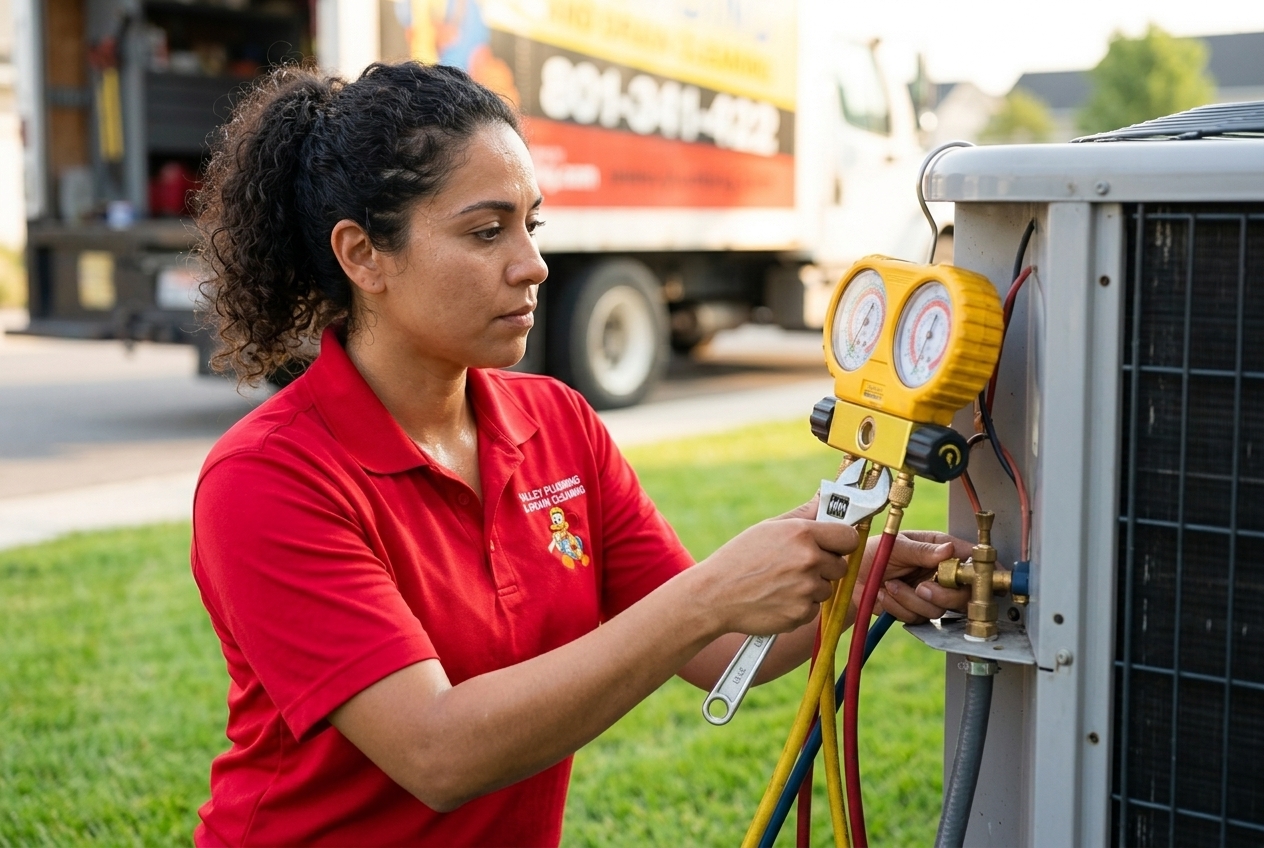 Valley Plumbing technician measuring refrigerant pressures on an AC system during a maintenance visit