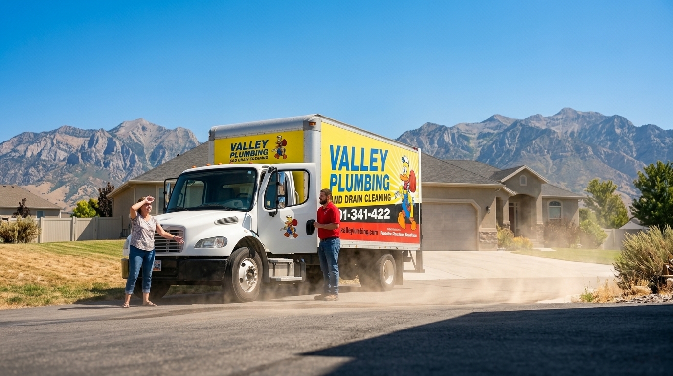 Valley Plumbing truck at a Utah home during a summer AC emergency