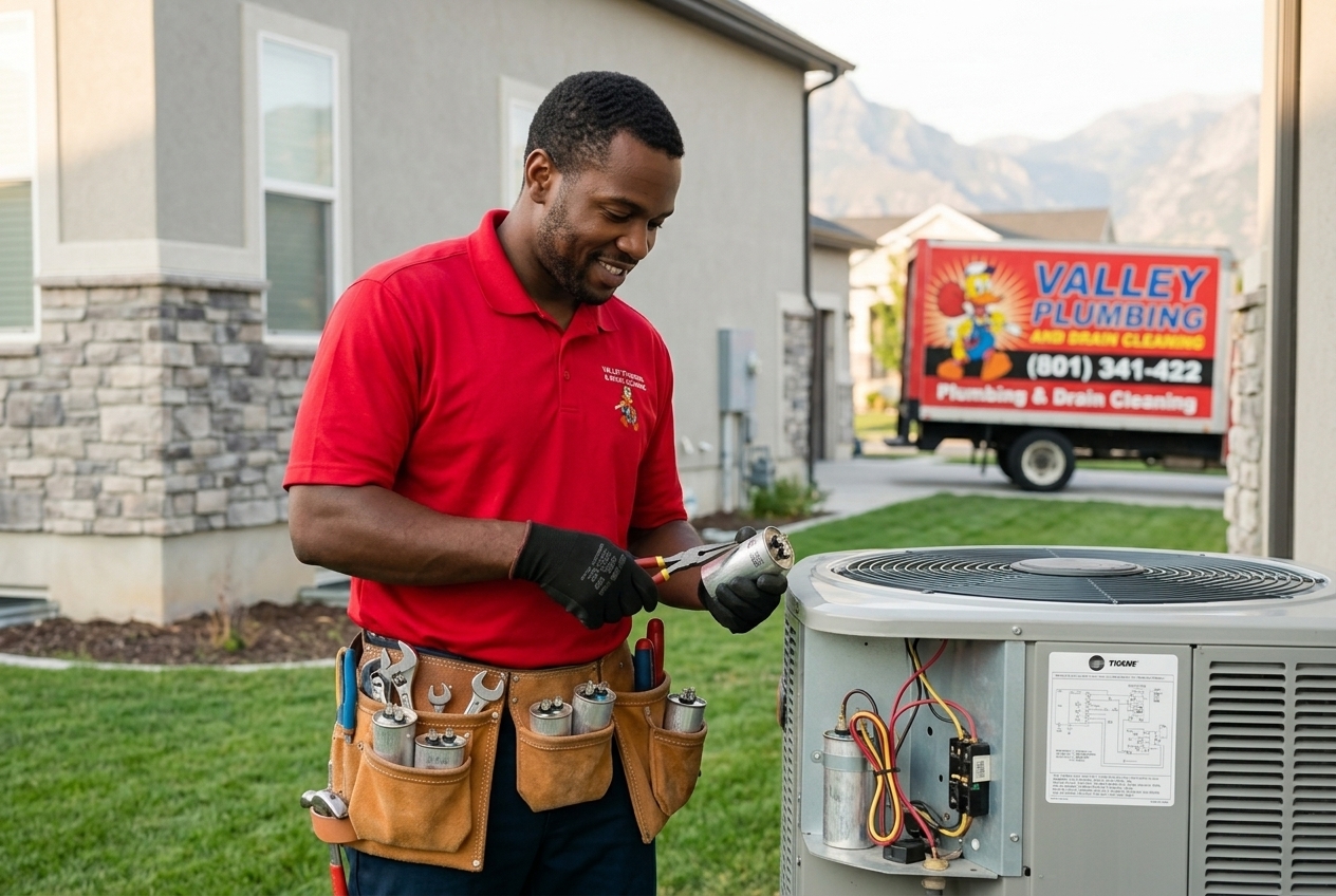 Valley Plumbing HVAC technician replacing an AC capacitor in a Utah home