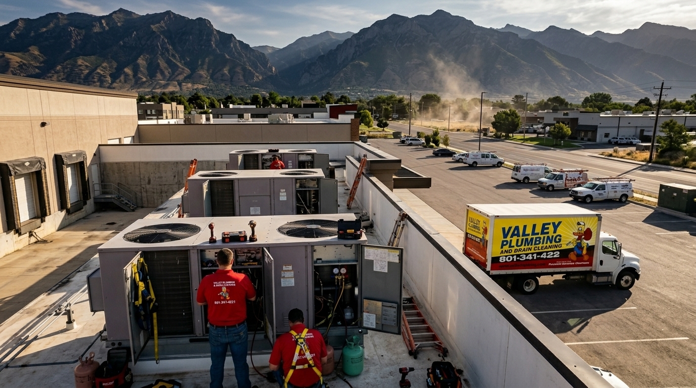 Rooftop view of multiple commercial HVAC units on a Salt Lake City commercial building during a service visit