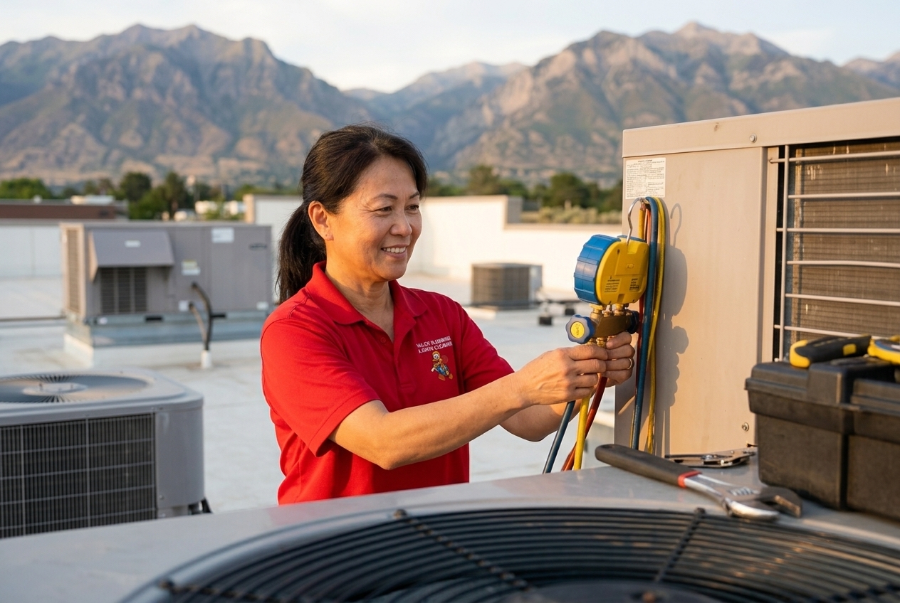 Valley Plumbing commercial HVAC technician checking a rooftop unit condenser coil on a Utah building
