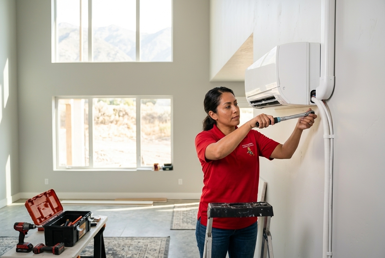 Valley Plumbing HVAC installer connecting refrigerant line set and drain to a new outdoor mini-split condenser in Utah