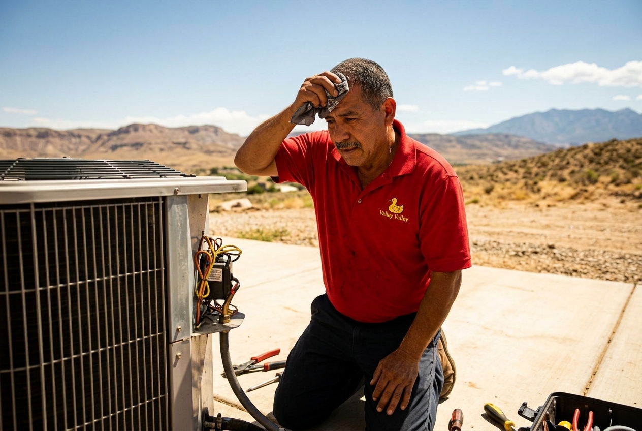 Valley Plumbing emergency HVAC truck arriving at a Utah home at night during a summer AC breakdown