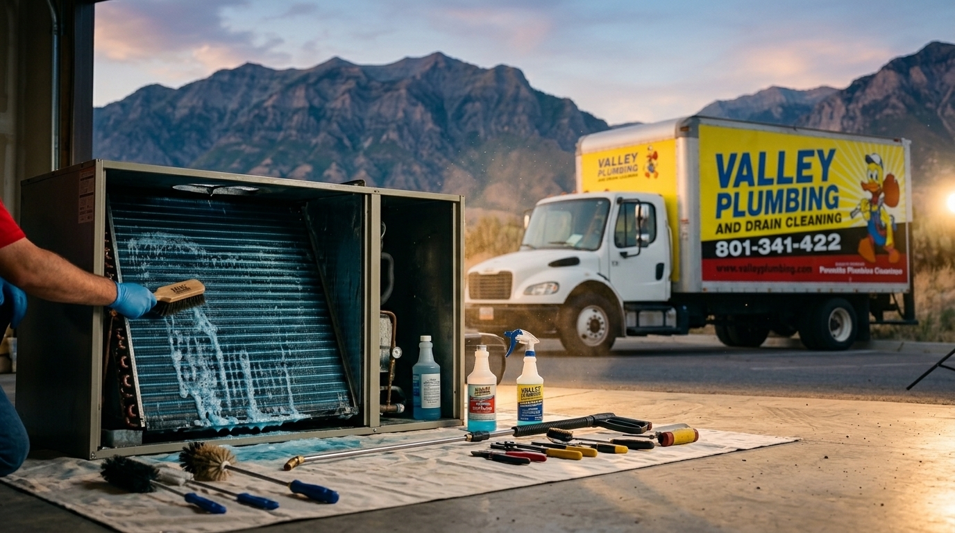 Close-up of a clean evaporator coil with refrigerant tubing inside a residential air handler
