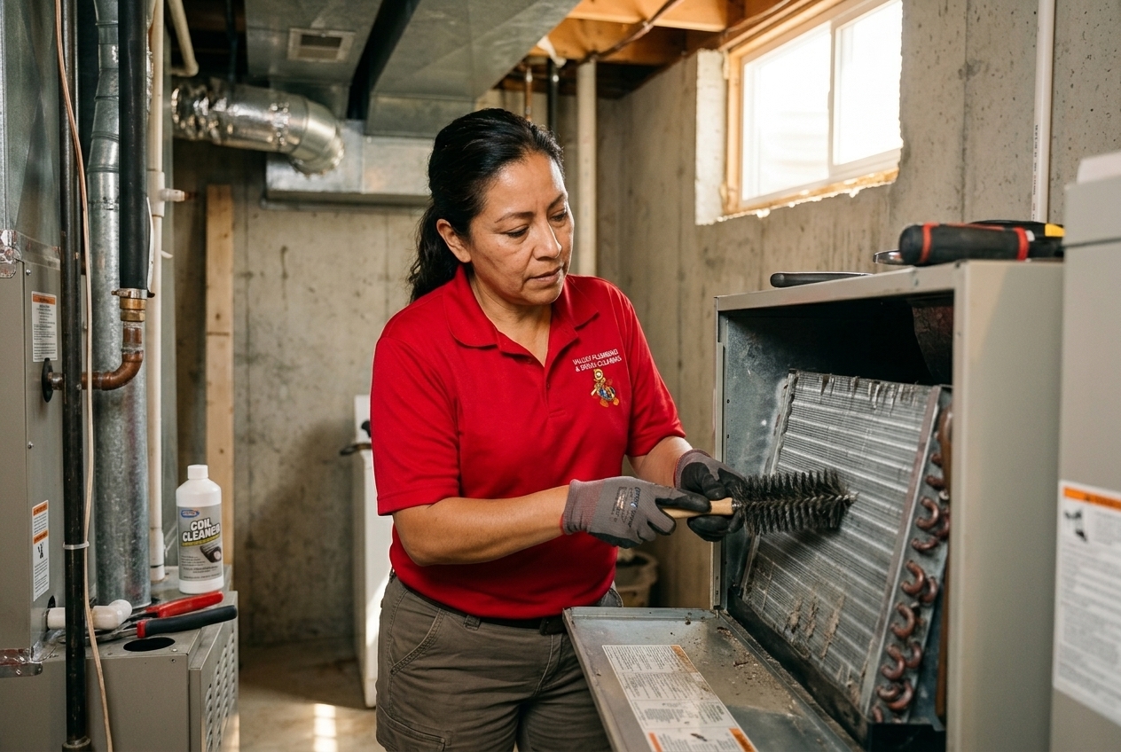 Valley Plumbing HVAC technician cleaning an evaporator coil with foam coil cleaner inside a Utah air handler