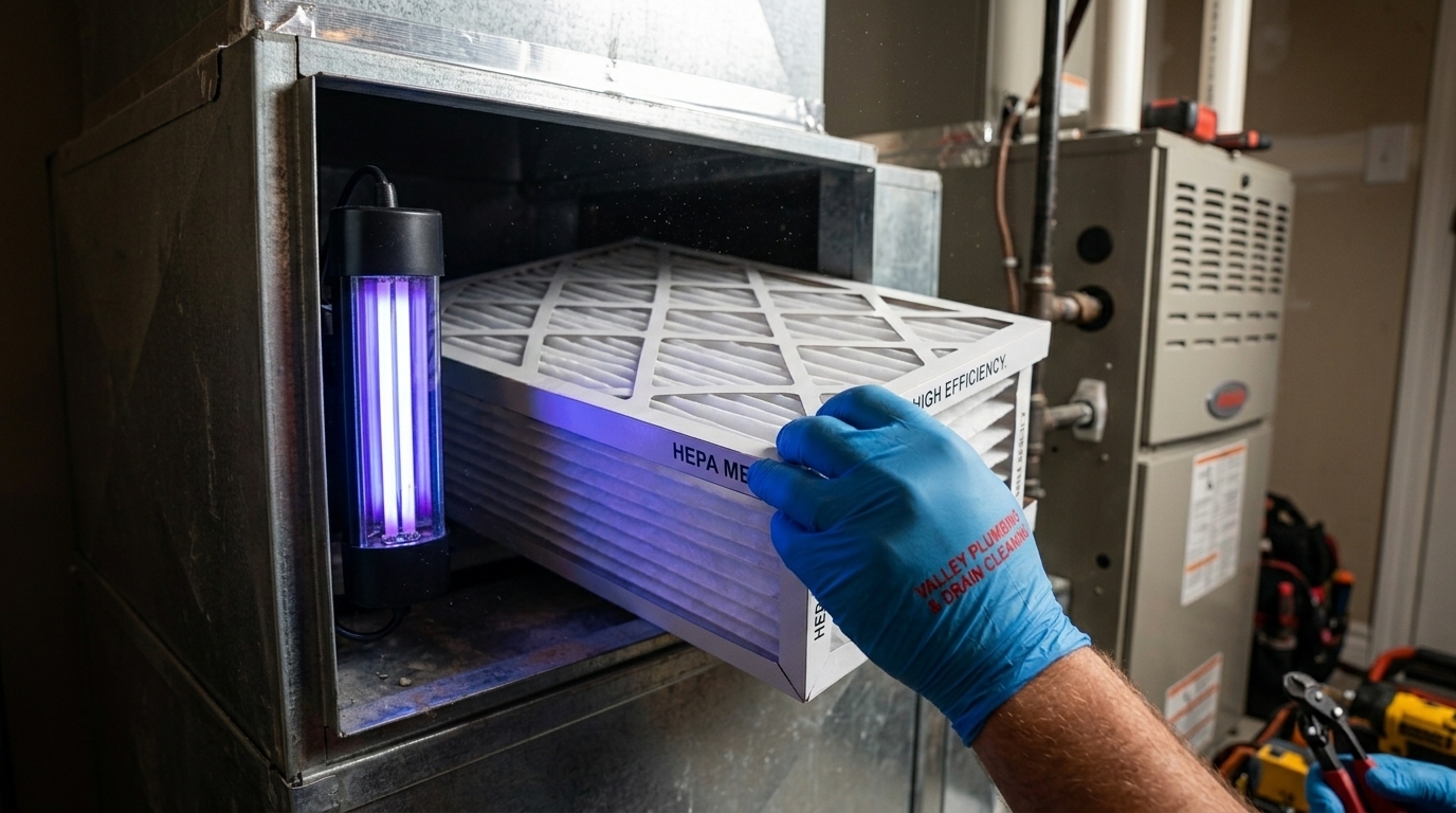 Close-up of a new media filter cabinet and UV light installed on a residential furnace in Utah