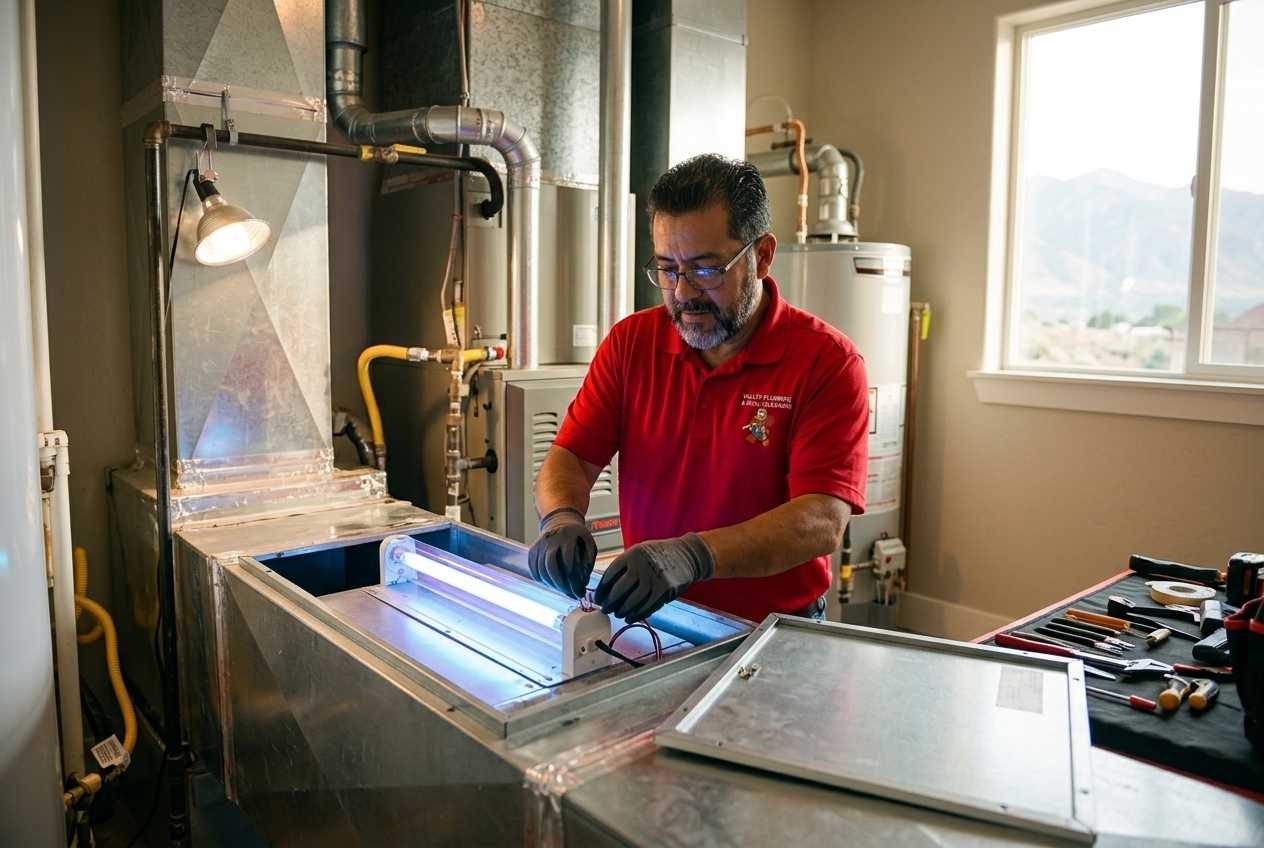 Valley Plumbing HVAC technician replacing a media air filter in a Utah home's furnace cabinet