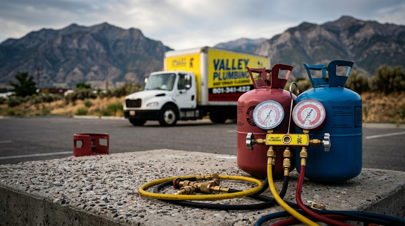Close-up of refrigerant gauges and manifold on an AC condenser during a leak detection service