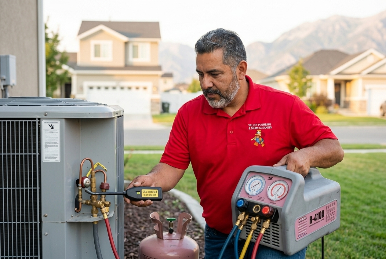 Valley Plumbing HVAC technician performing electronic refrigerant leak detection on an AC evaporator coil in Utah