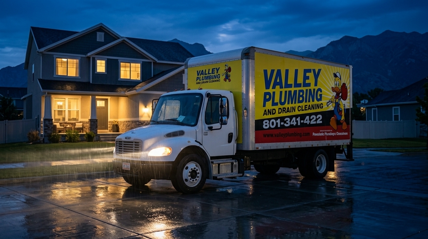Valley Plumbing service truck at a Salt Lake City home at night during an emergency drain call