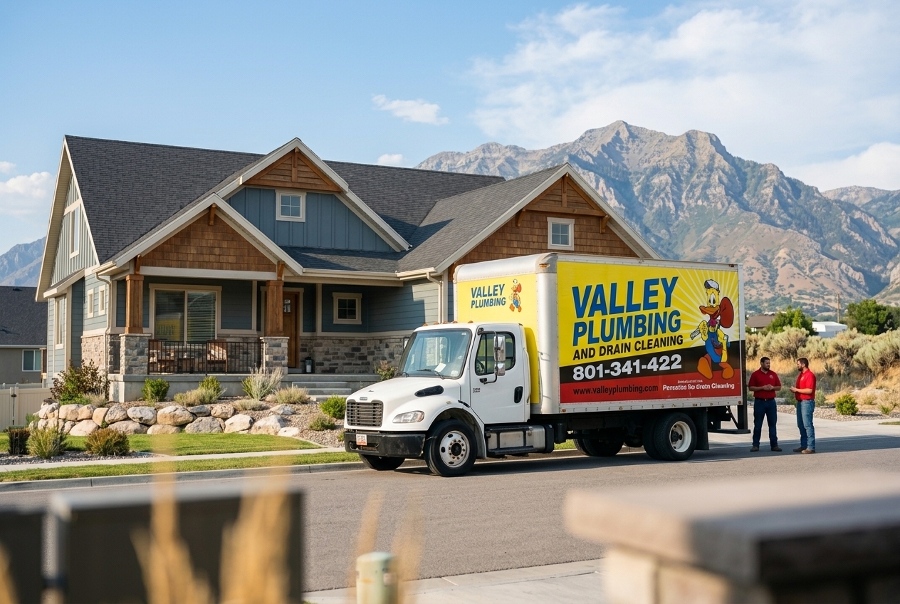Valley Plumbing red and white service truck parked at a Salt Lake City home