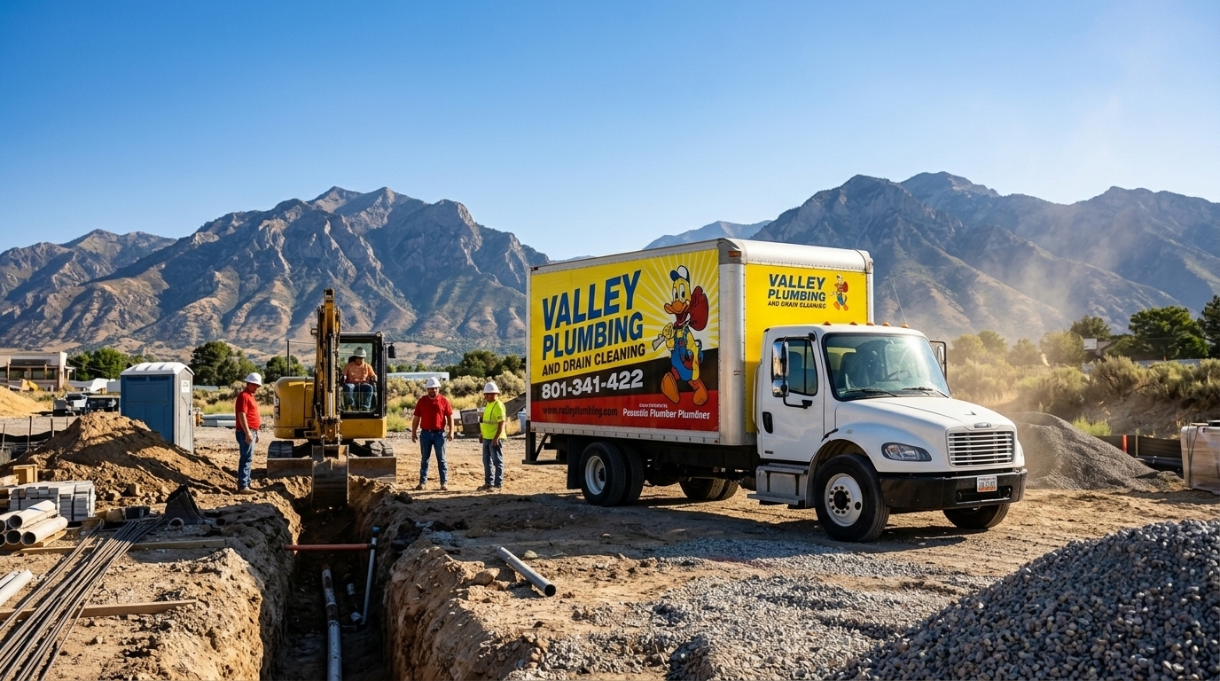 Valley Plumbing commercial excavation crew completing final asphalt restoration on a retail parking lot utility trench