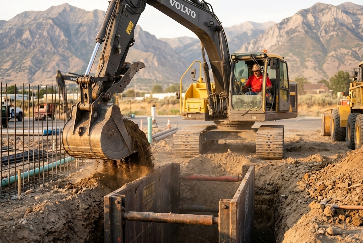 Valley Plumbing commercial excavation crew saw-cutting a parking lot for a utility trench during an overnight shift