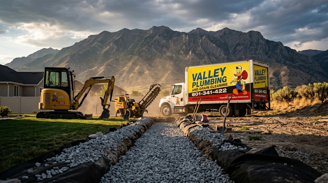 A Utah front yard regraded with a completed French drain system and fresh sod restoration