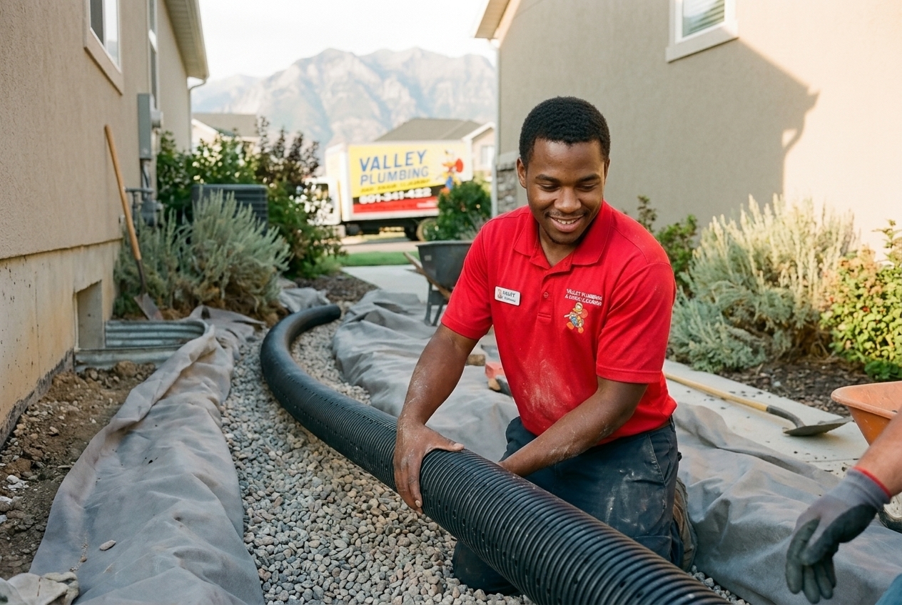 Valley Plumbing excavation crew setting a perforated drain pipe in a gravel-packed trench wrapped with filter fabric