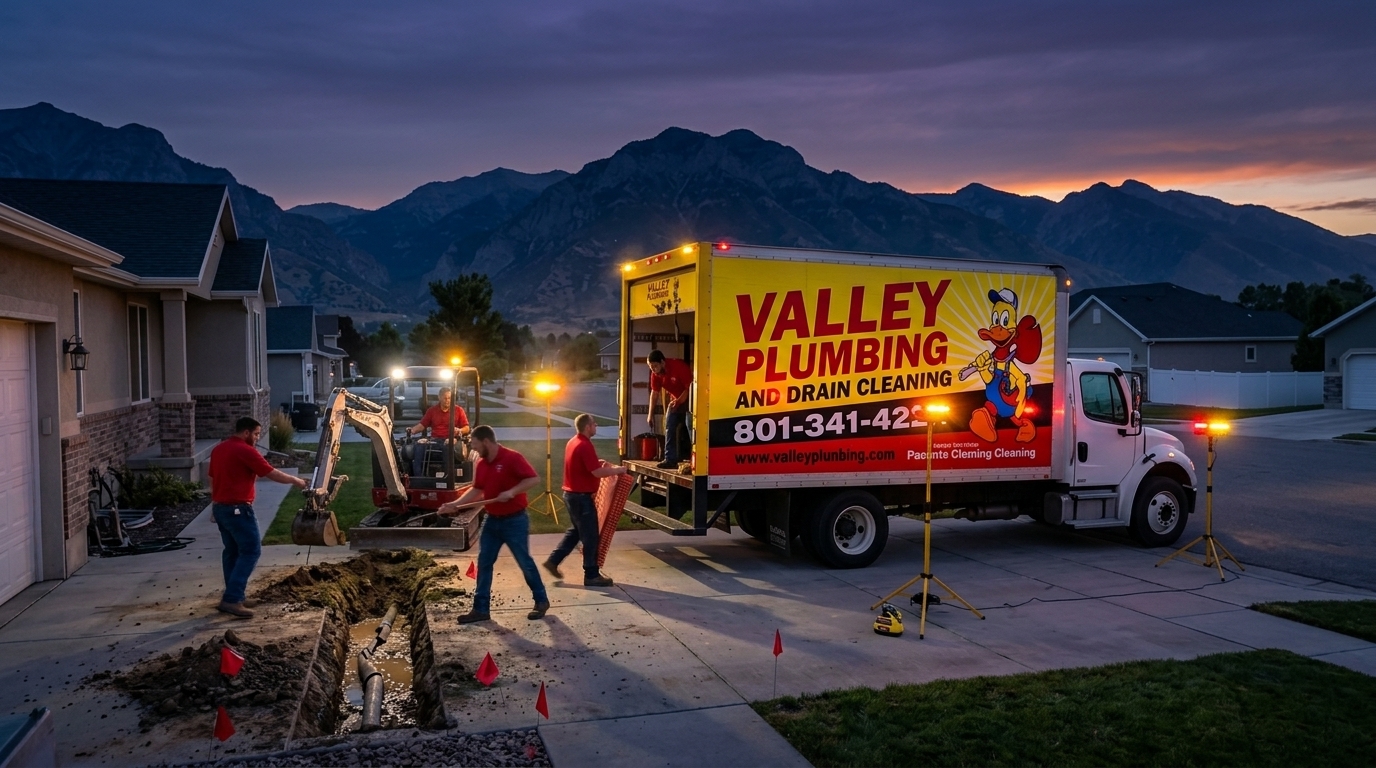 Valley Plumbing emergency excavation truck parked at a Utah home during an overnight main line repair with floodlights illuminating the work zone