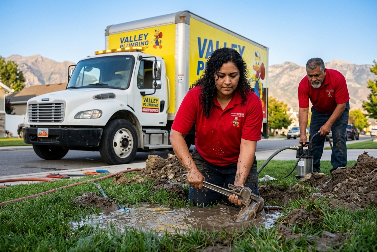 Valley Plumbing emergency excavation crew operating a mini-excavator under floodlights at a residential water line break