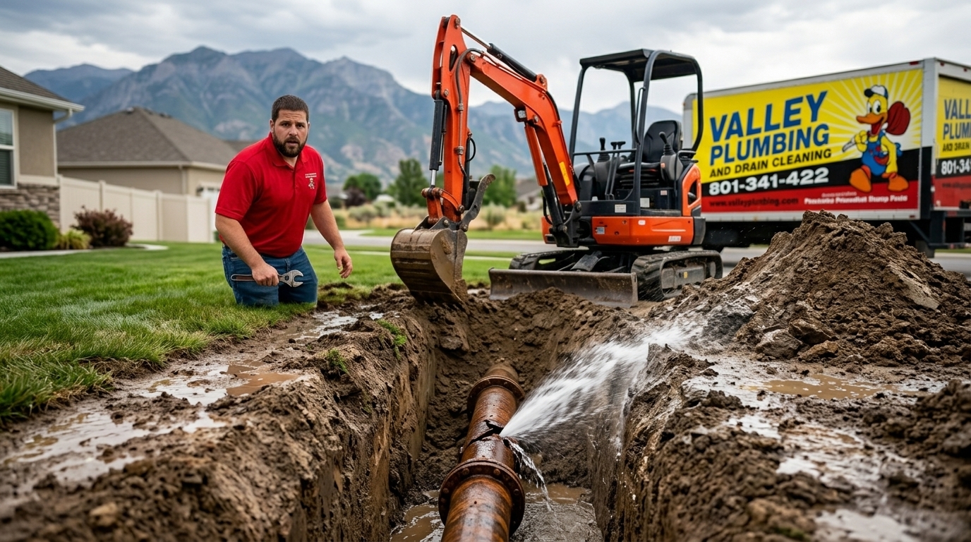 A broken main water line actively leaking in a Utah front yard