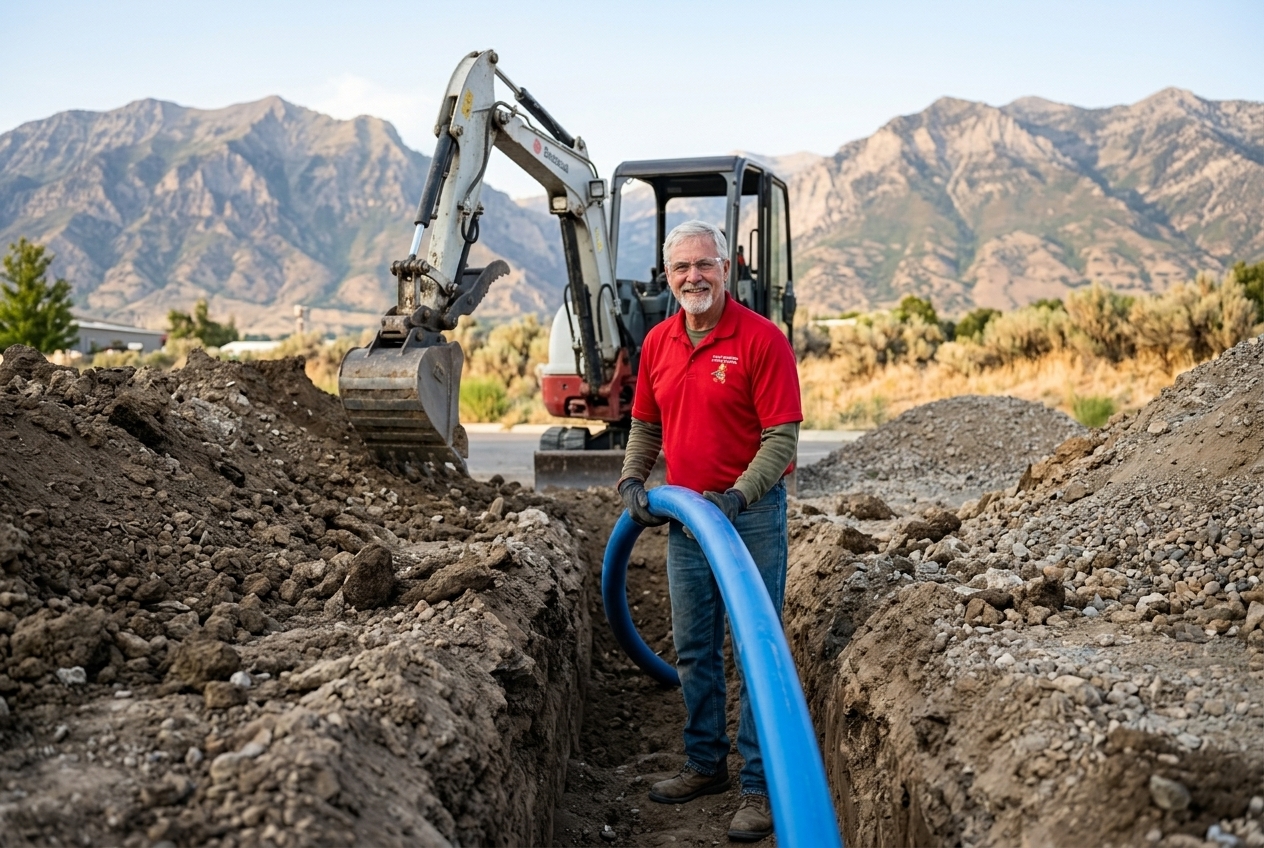 Valley Plumbing excavation crew working in a trench with new HDPE water pipe