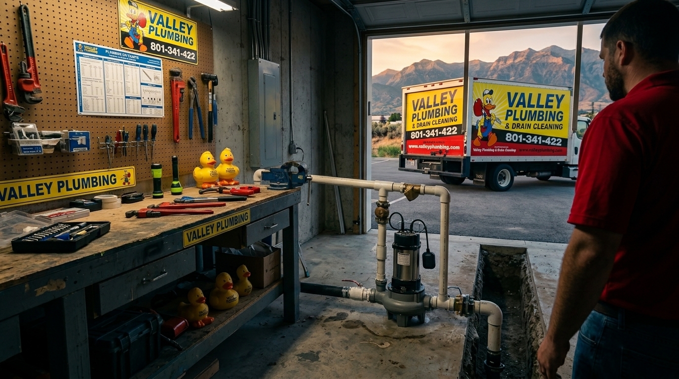 A duplex sewage ejector pump basin with two submersible pumps side-by-side in a Utah basement install