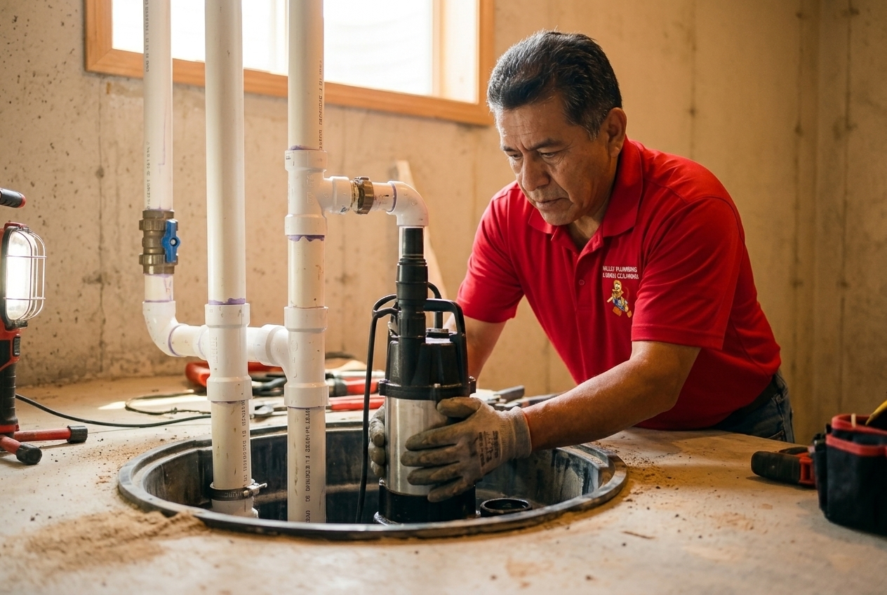 Valley Plumbing technician lowering a submersible sewage ejector pump into a polyethylene basin
