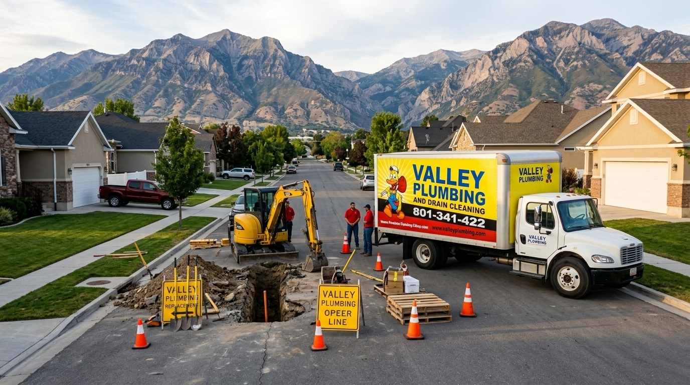 A Valley Plumbing crew hand-excavating the final two feet above a cast iron sewer line at a Salt Lake City basement