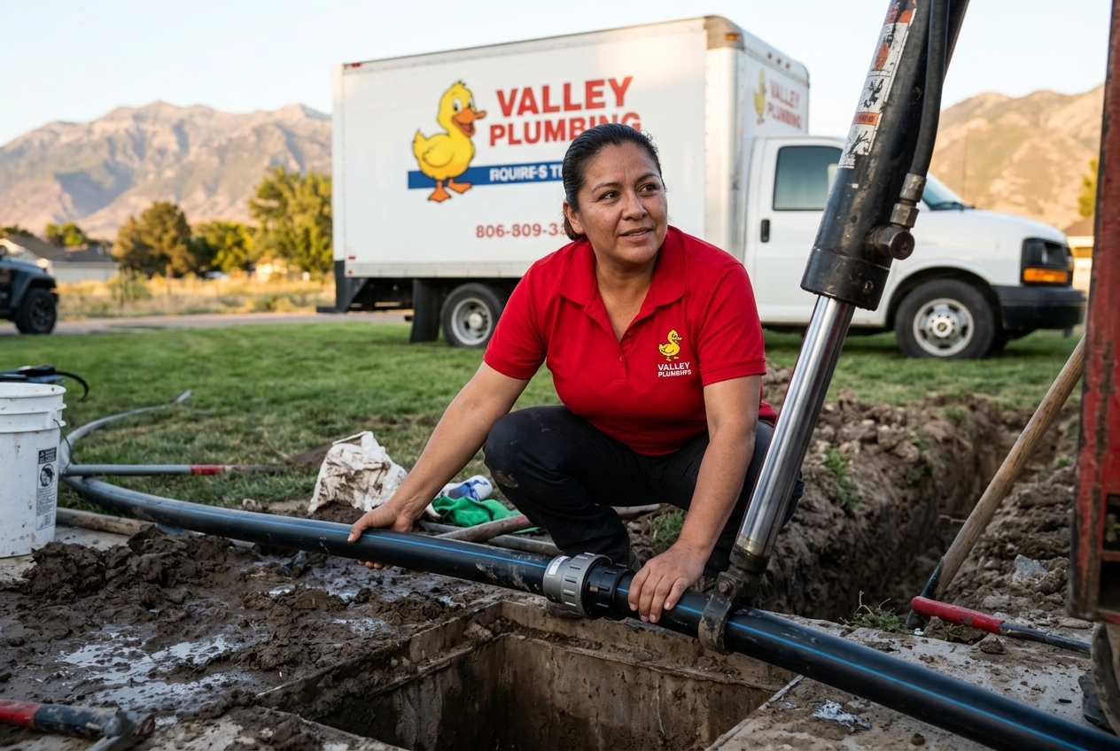 Valley Plumbing crew fusing HDPE pipe lengths on-site before a trenchless pull in a Utah yard