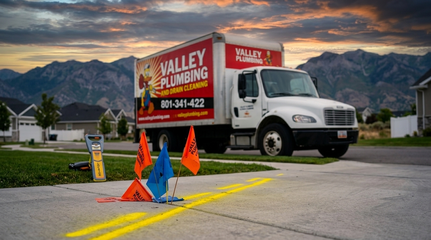 A Utah front yard marked with paint flags and chalk lines showing both Blue Stakes and private utility locate markings before a dig