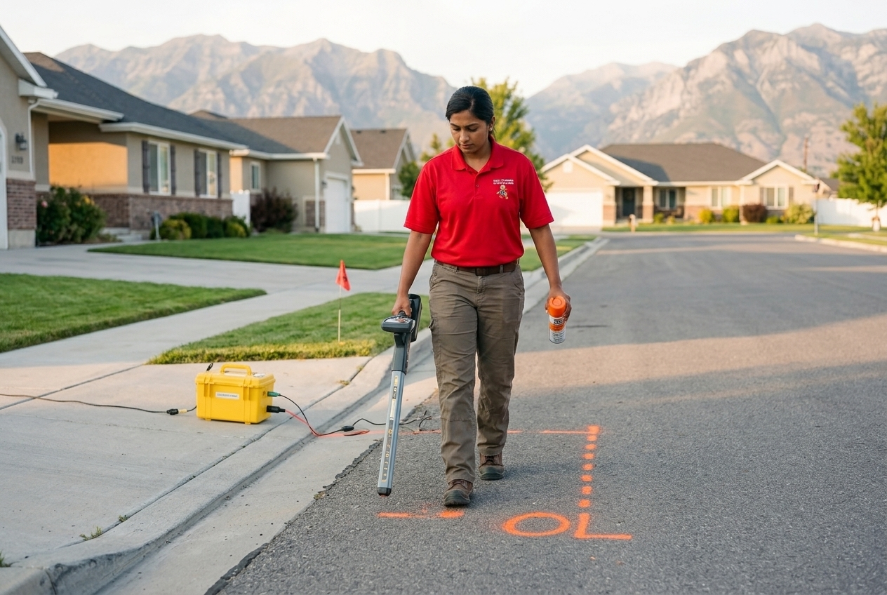 Valley Plumbing locator technician marking a buried service line with orange inverted paint in a Utah driveway