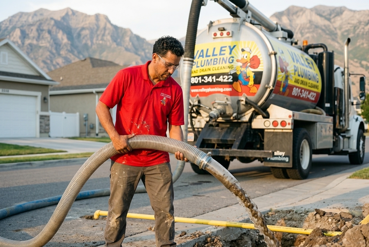 Valley Plumbing hydro-excavation operator directing a water wand into a precision pothole beside a marked gas line