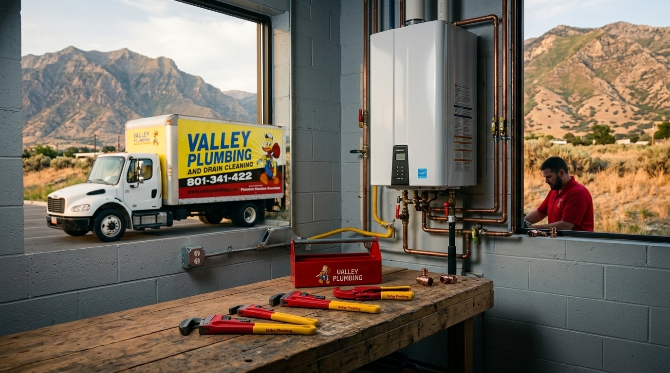 Valley Plumbing technician checking a boiler pressure gauge in a Salt Lake City basement