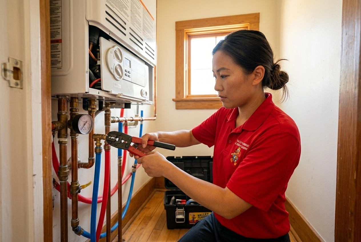 Valley Plumbing hydronic technician servicing a high-efficiency condensing boiler in a Utah home