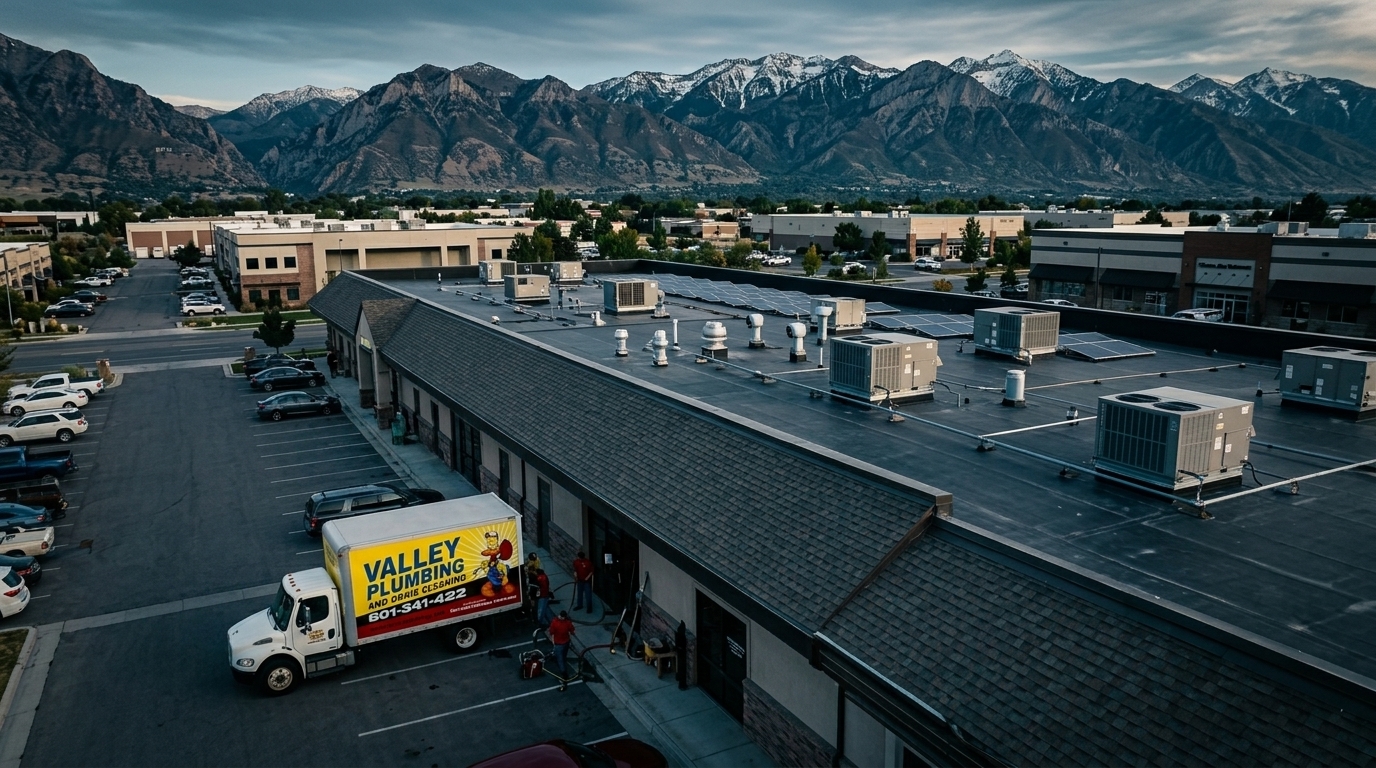 Valley Plumbing commercial HVAC crew working on a rooftop unit at a Utah commercial property