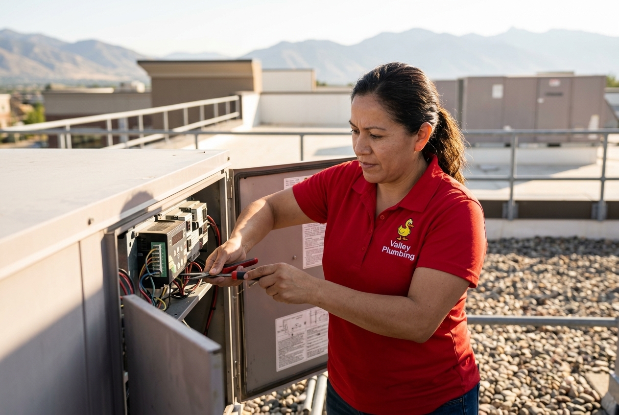 Valley Plumbing commercial HVAC crew servicing a rooftop unit at a Utah business