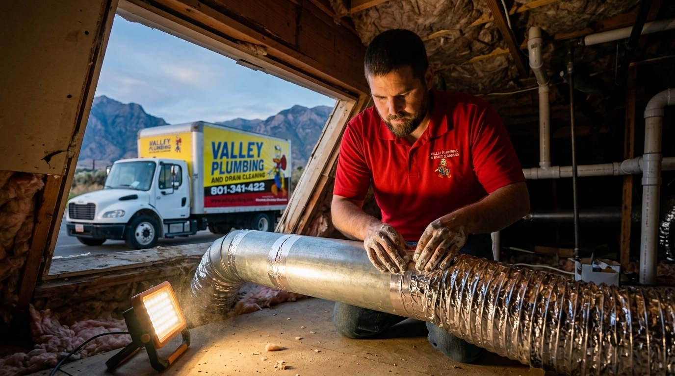 Valley Plumbing technician sealing a duct joint with mastic in a Utah basement