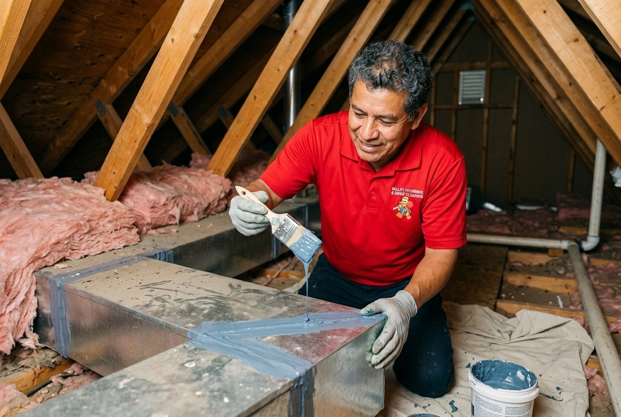 Valley Plumbing technician performing duct blaster testing on a residential HVAC system