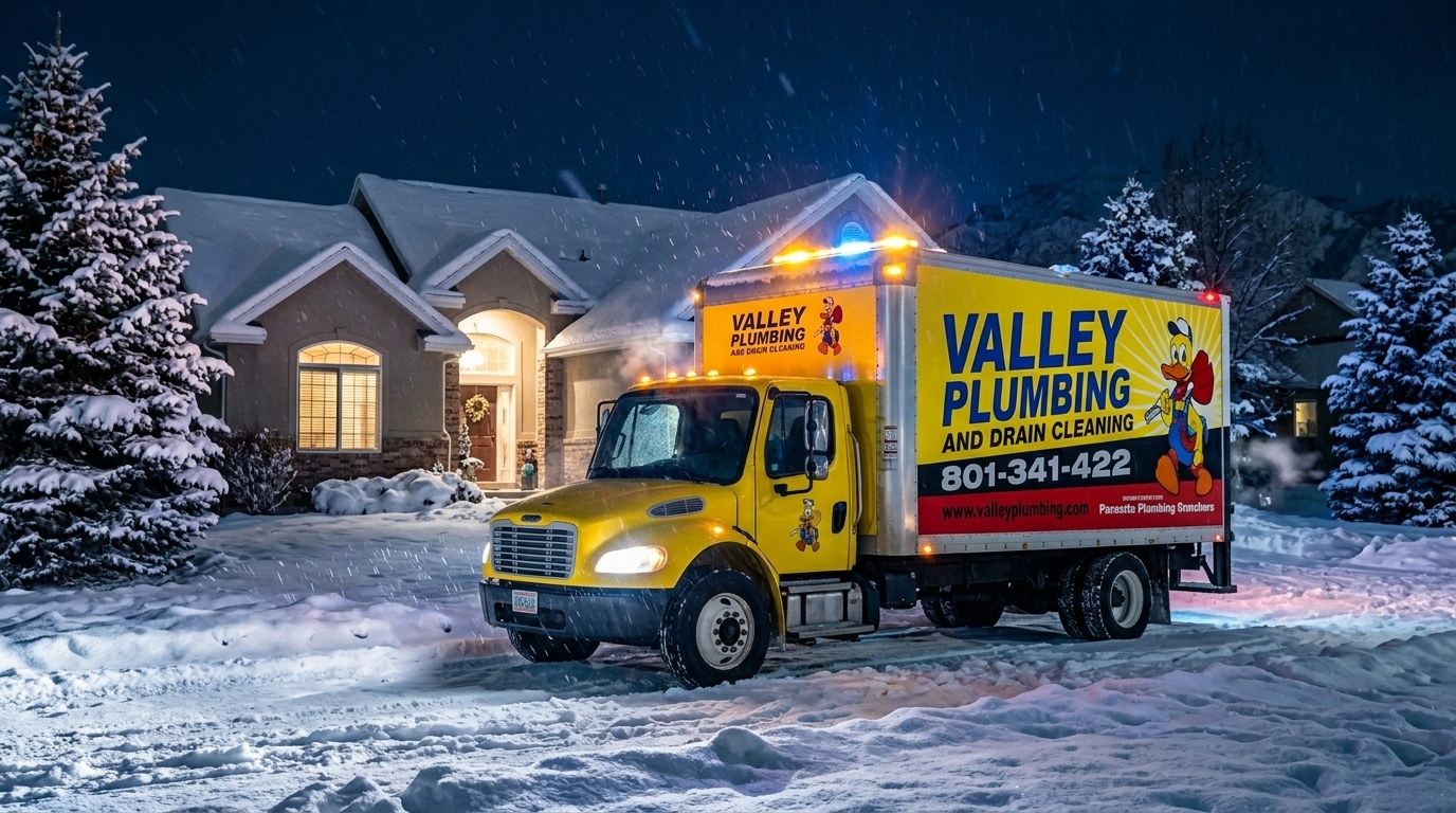 Valley Plumbing service truck during an after-hours winter heating call in Utah
