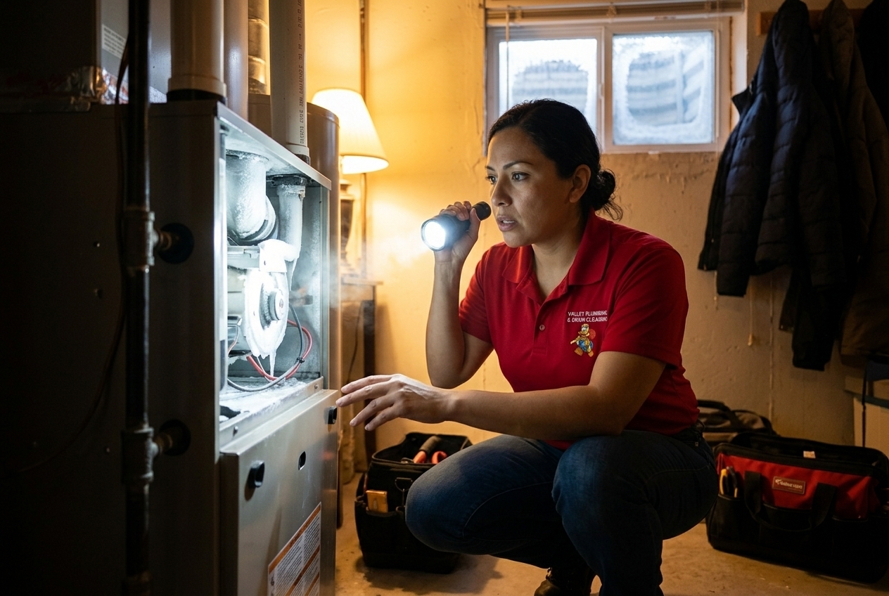 Valley Plumbing HVAC technician diagnosing a furnace during an after-hours emergency call in Utah