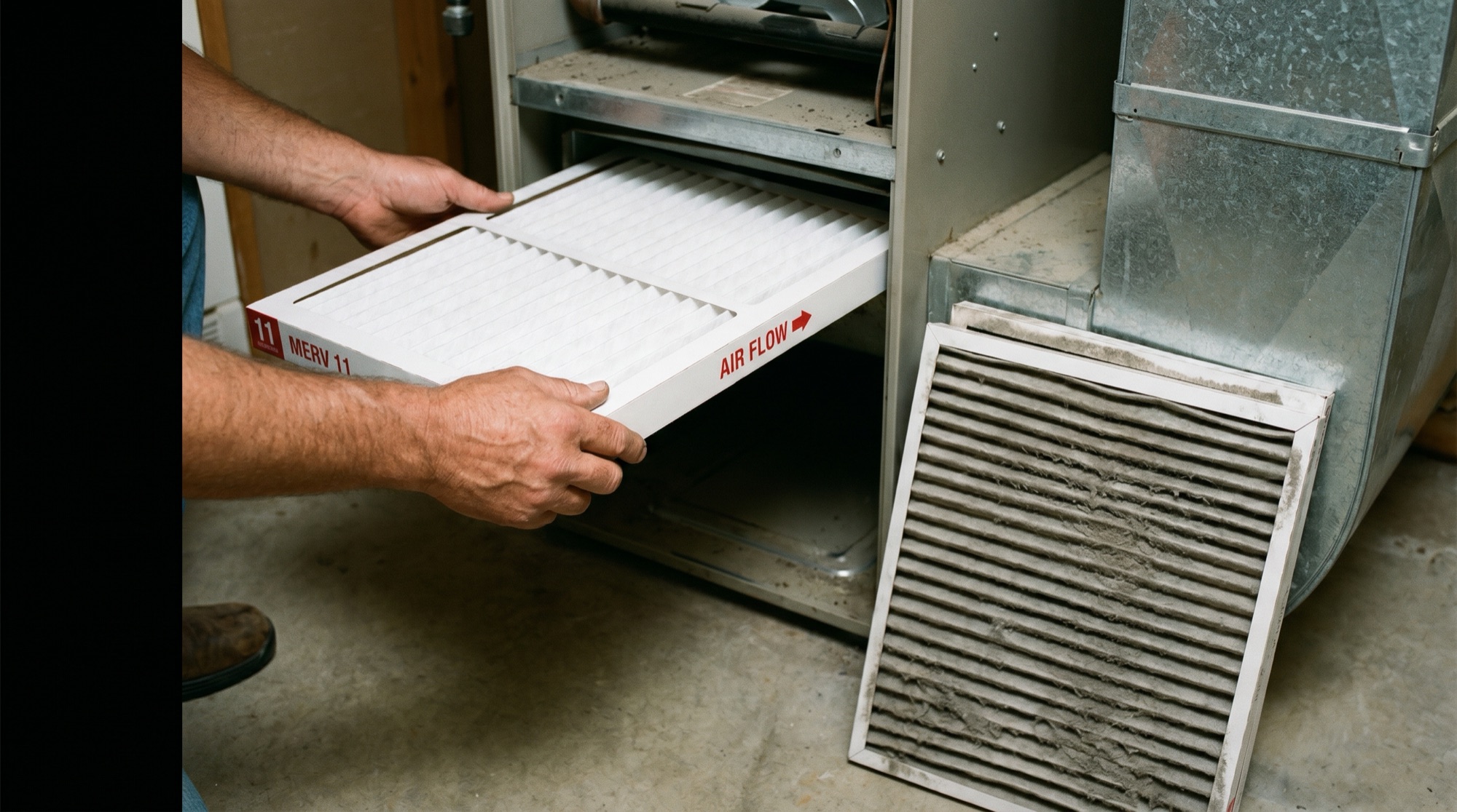 Valley Plumbing technician replacing a high-efficiency furnace filter at a Salt Lake City home