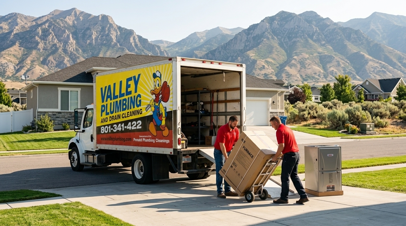 Valley Plumbing install crew with a new high-efficiency furnace in a Utah basement