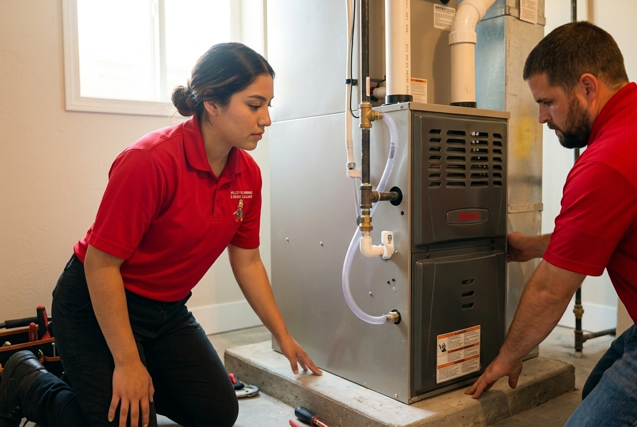 Valley Plumbing technician installing a new high-efficiency furnace in a Utah home