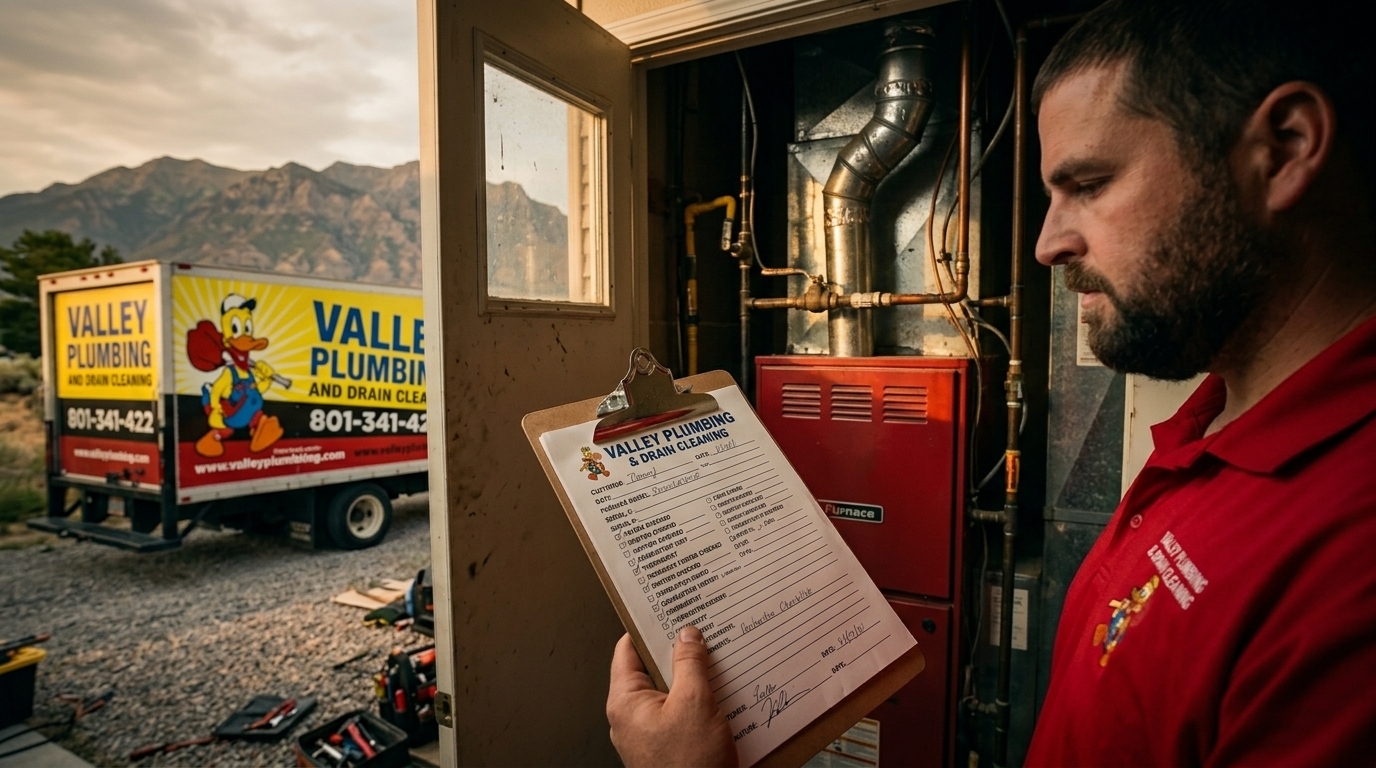 Valley Plumbing technician holding a freshly cleaned flame sensor during a furnace tune-up