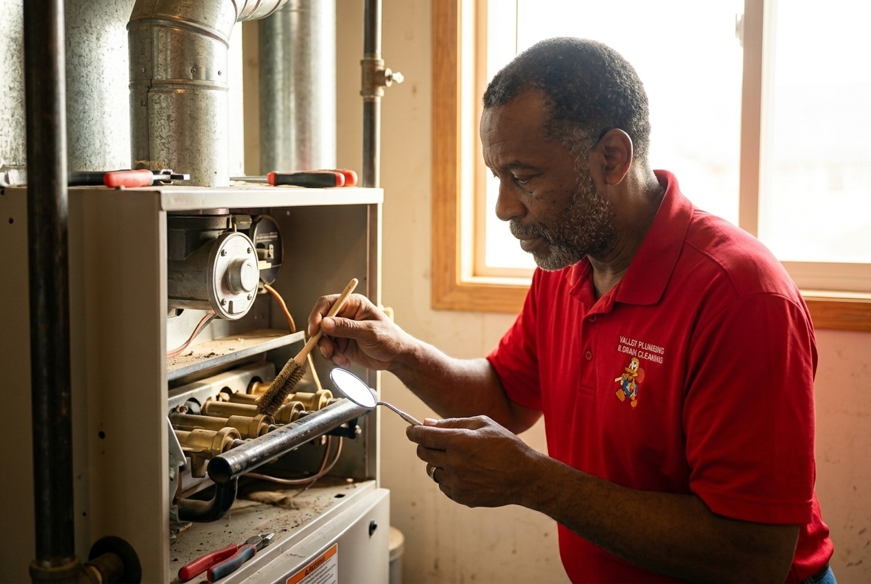 Valley Plumbing HVAC technician cleaning a furnace flame sensor during an annual tune-up