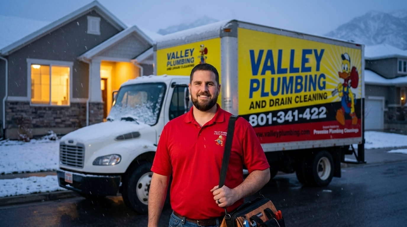 Valley Plumbing truck at a snowy Utah home during an emergency furnace call