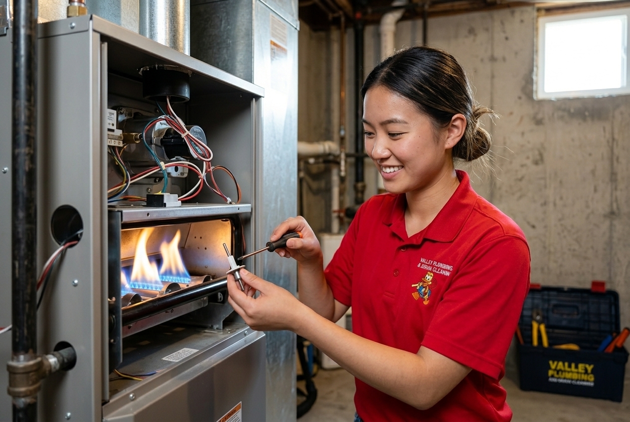 Valley Plumbing HVAC technician replacing a furnace flame sensor in a Utah basement