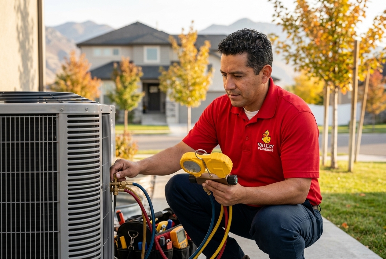 Valley Plumbing installer setting an air-source heat pump outdoor condenser at a Utah home