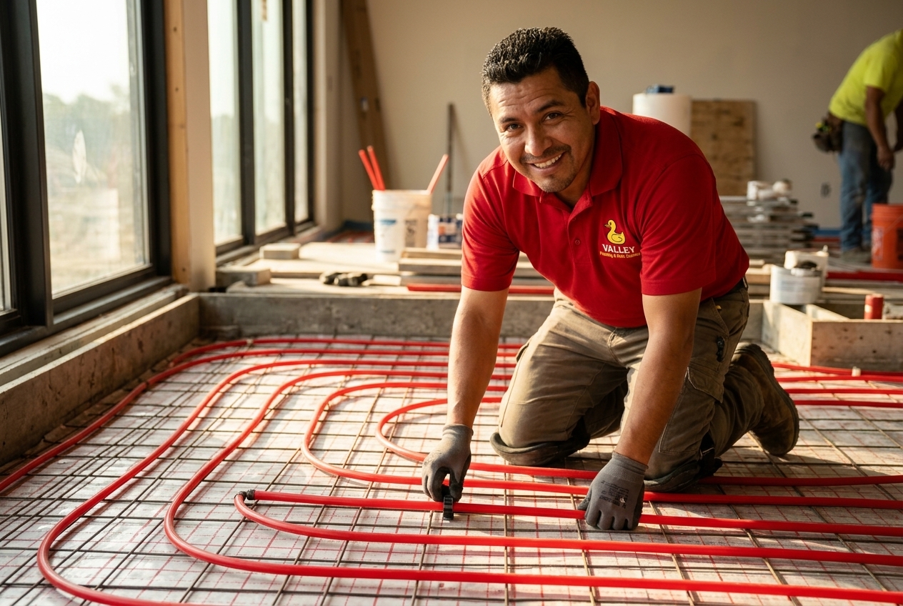 Valley Plumbing technician laying out pex tubing for in-floor radiant heating